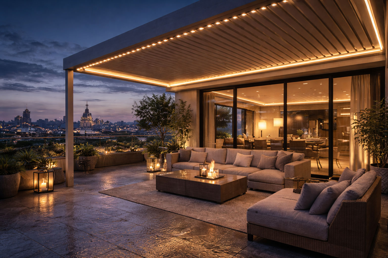 Pérgola bioclimática con iluminación LED en terraza moderna durante la noche en Madrid