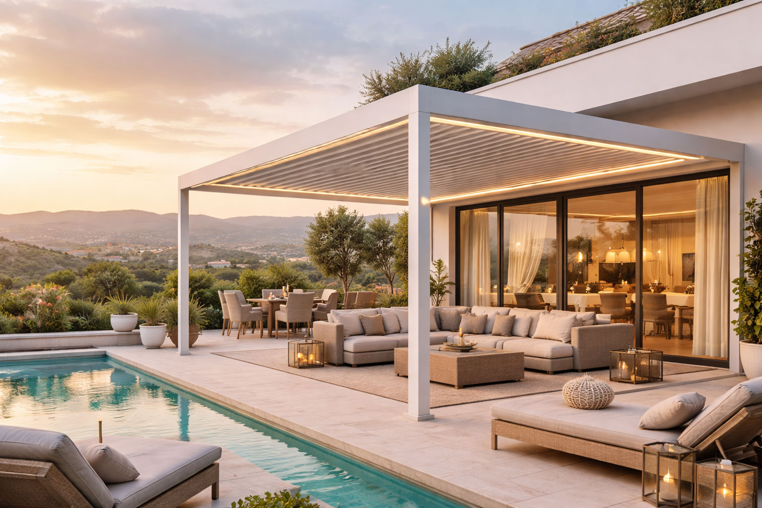 Pérgola bioclimática instalada en terraza de chalet moderno en Madrid con zona lounge y piscina