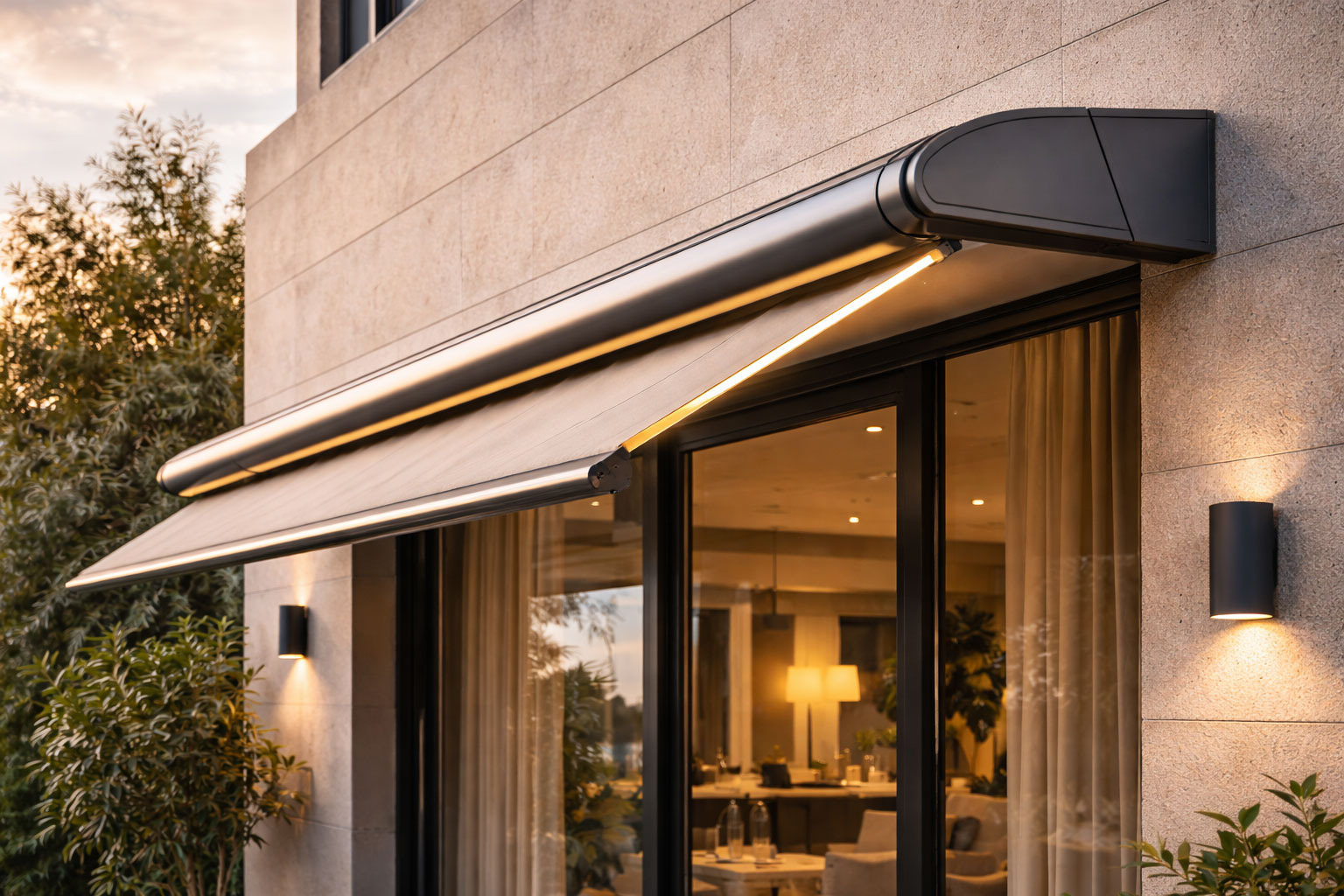 Toldo cofre instalado en fachada de vivienda moderna en Madrid con sistema retráctil y luz integrada