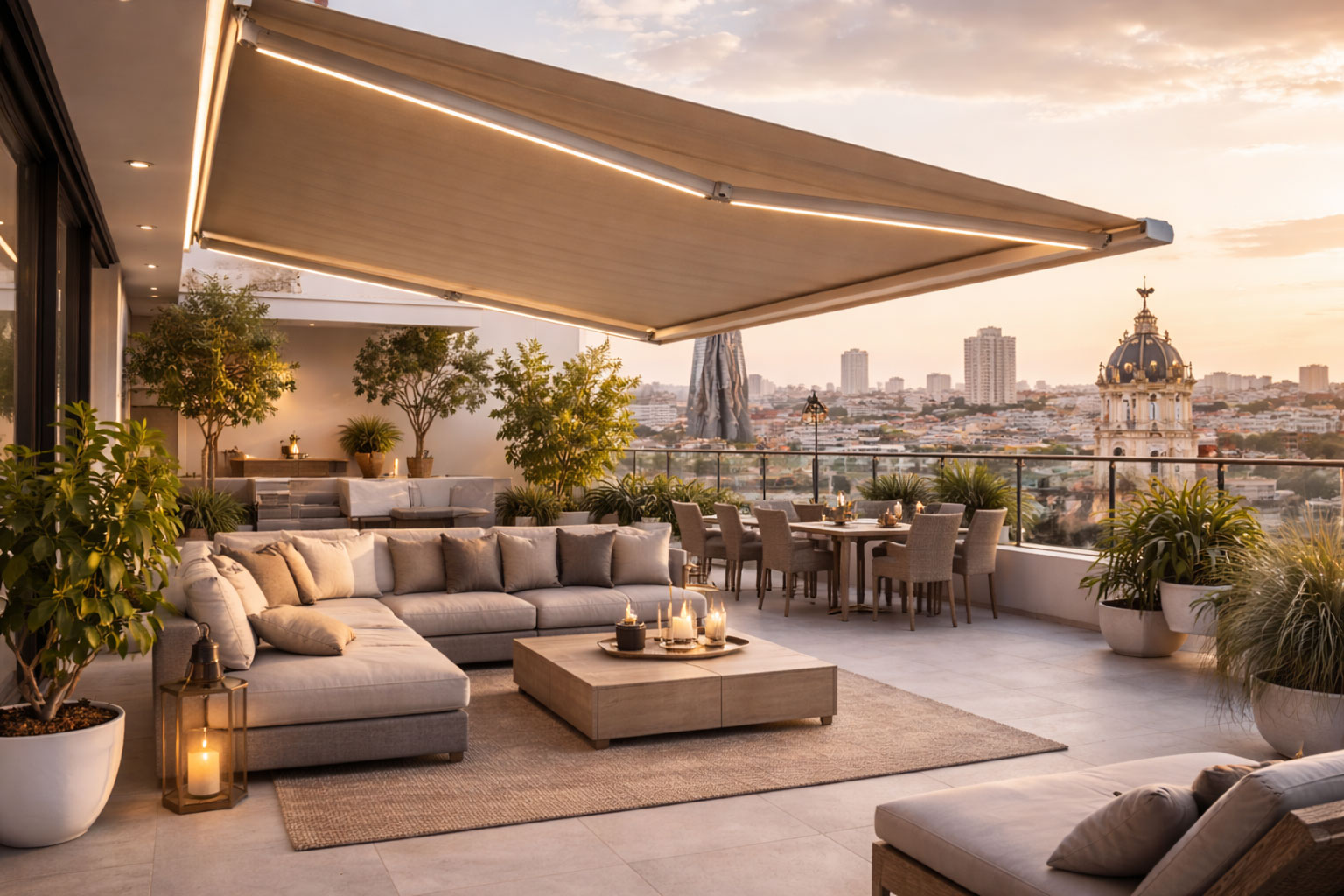 Toldo retráctil instalado en terraza de ático en Madrid con zona chill out y vistas panorámicas de la ciudad